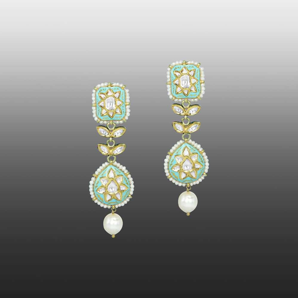 Square and Teardrop Polki Earrings with Turquoise Enamel and Pearl Drop